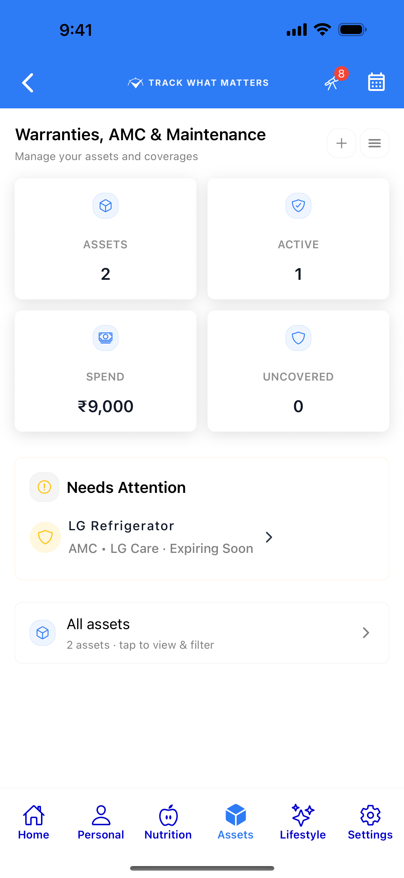 Warranty and AMC coverage with expiry alerts