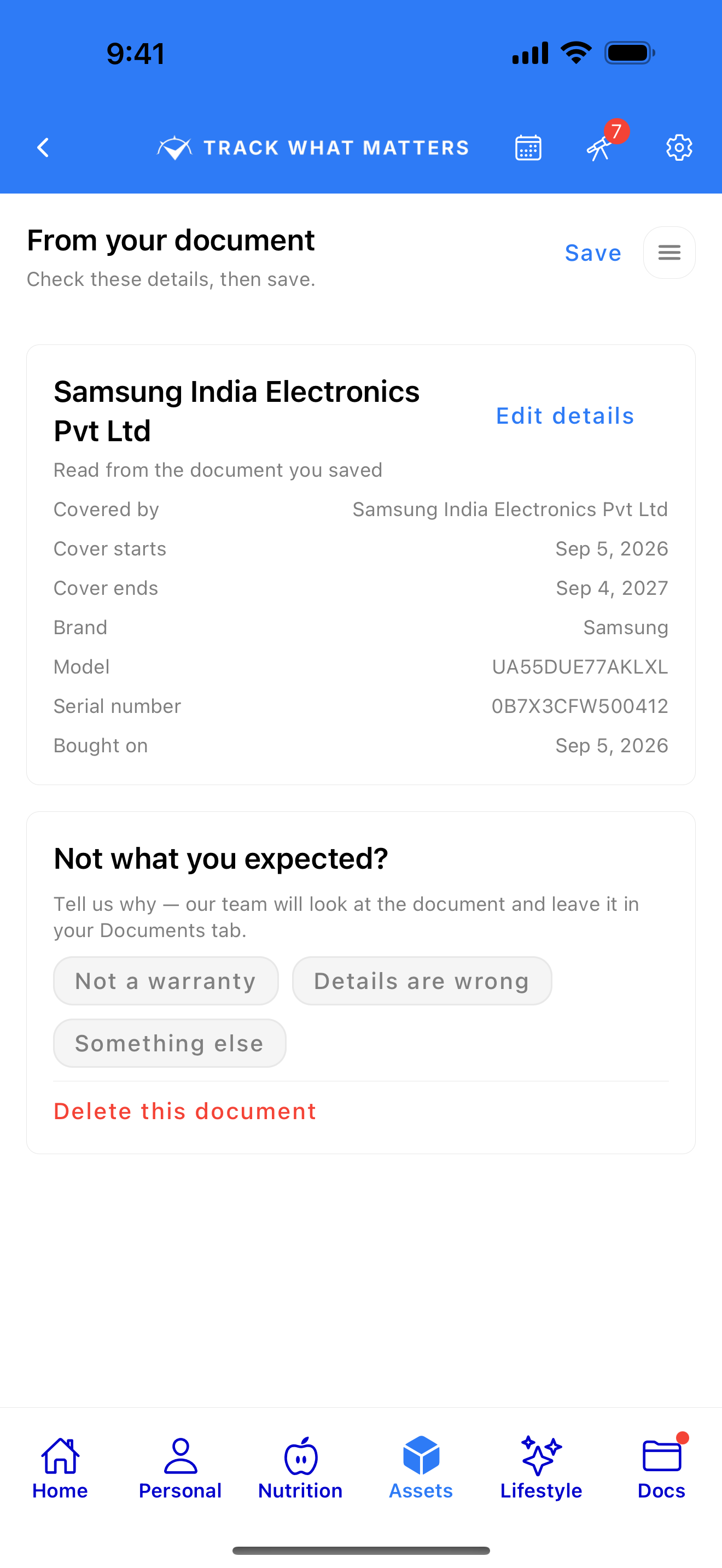 Read from the warranty card — confirm before anything is saved