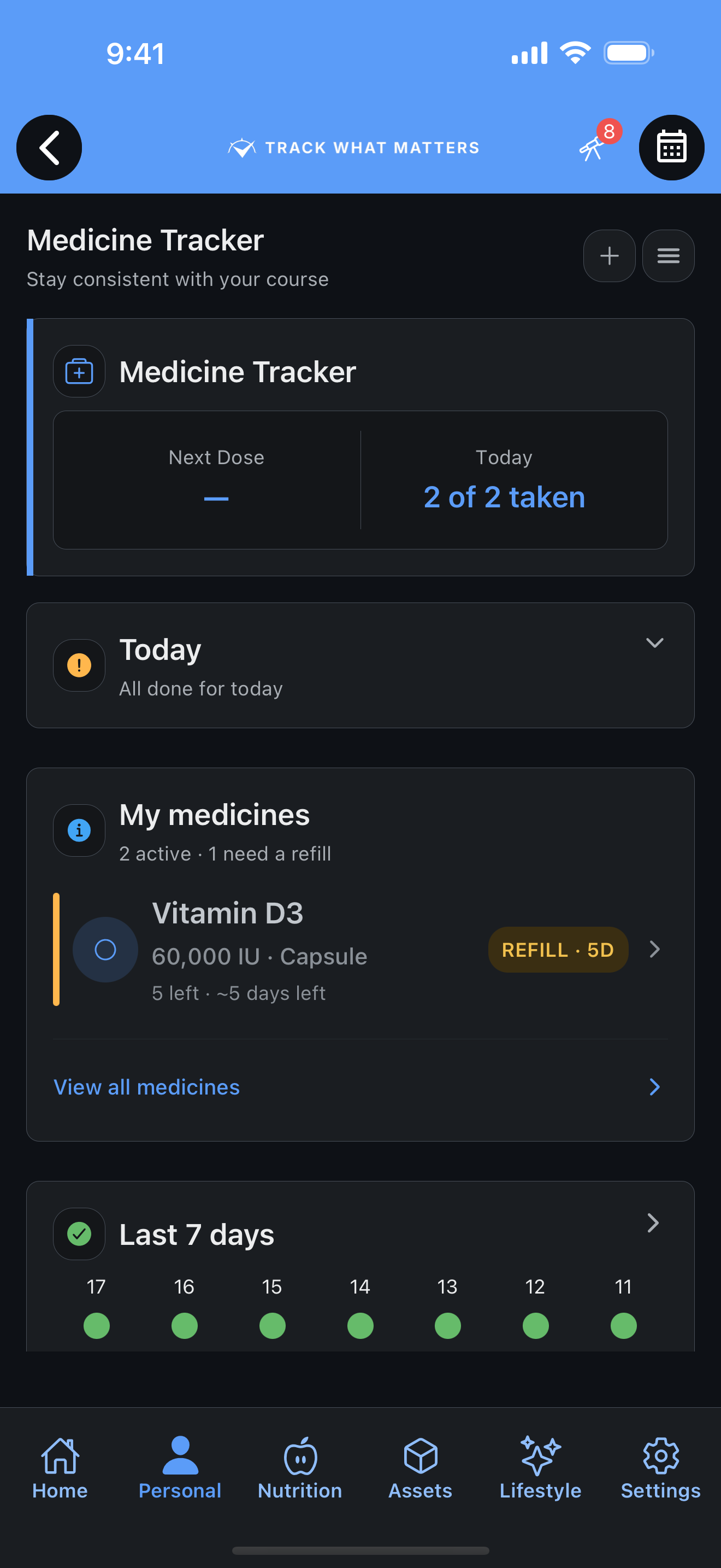 Today's doses with an active streak