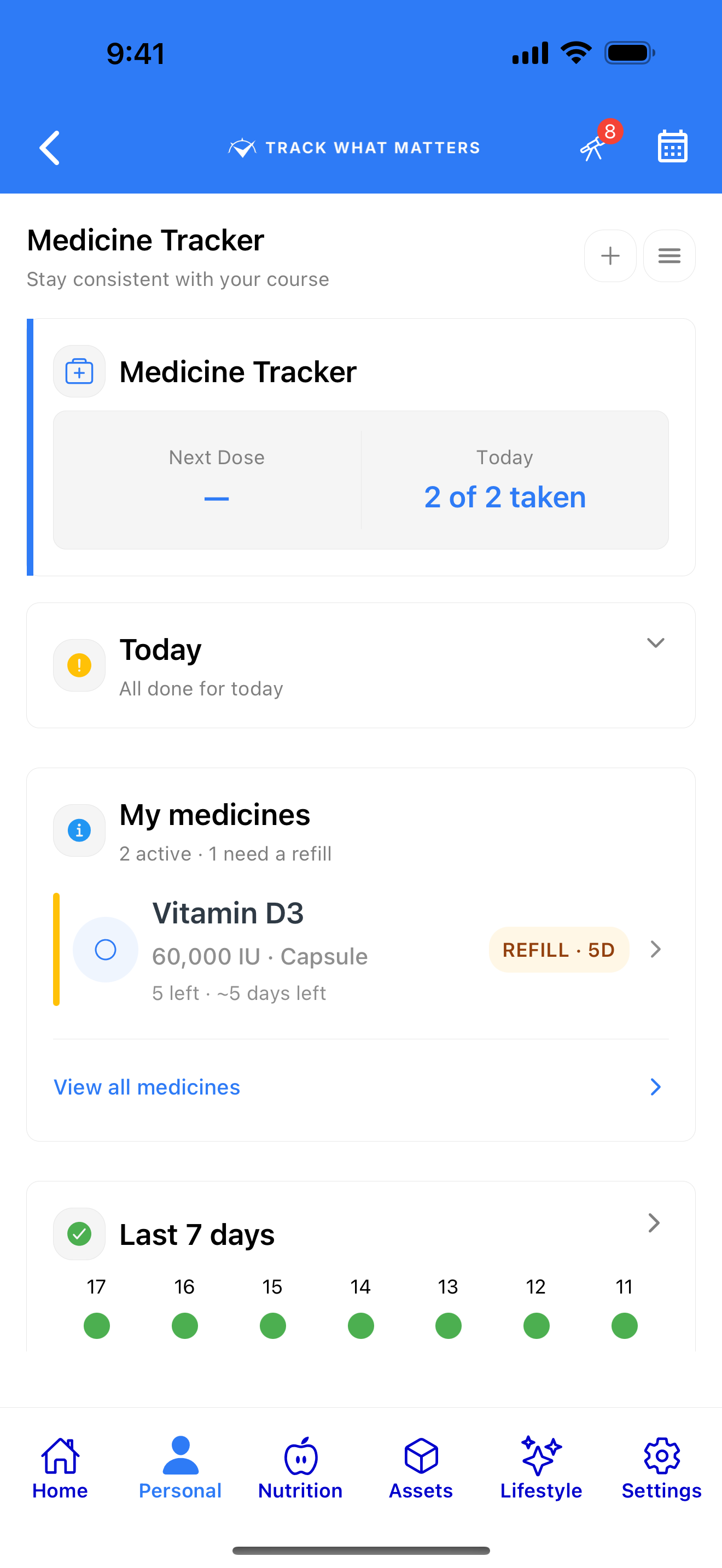 Today's doses with an active streak