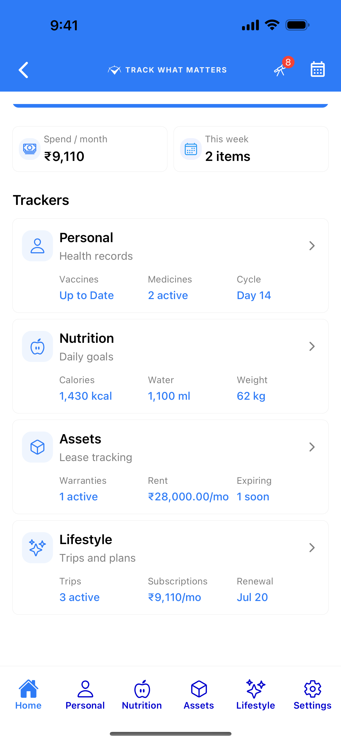 Every tracker at a glance — Personal, Nutrition, Assets, Lifestyle