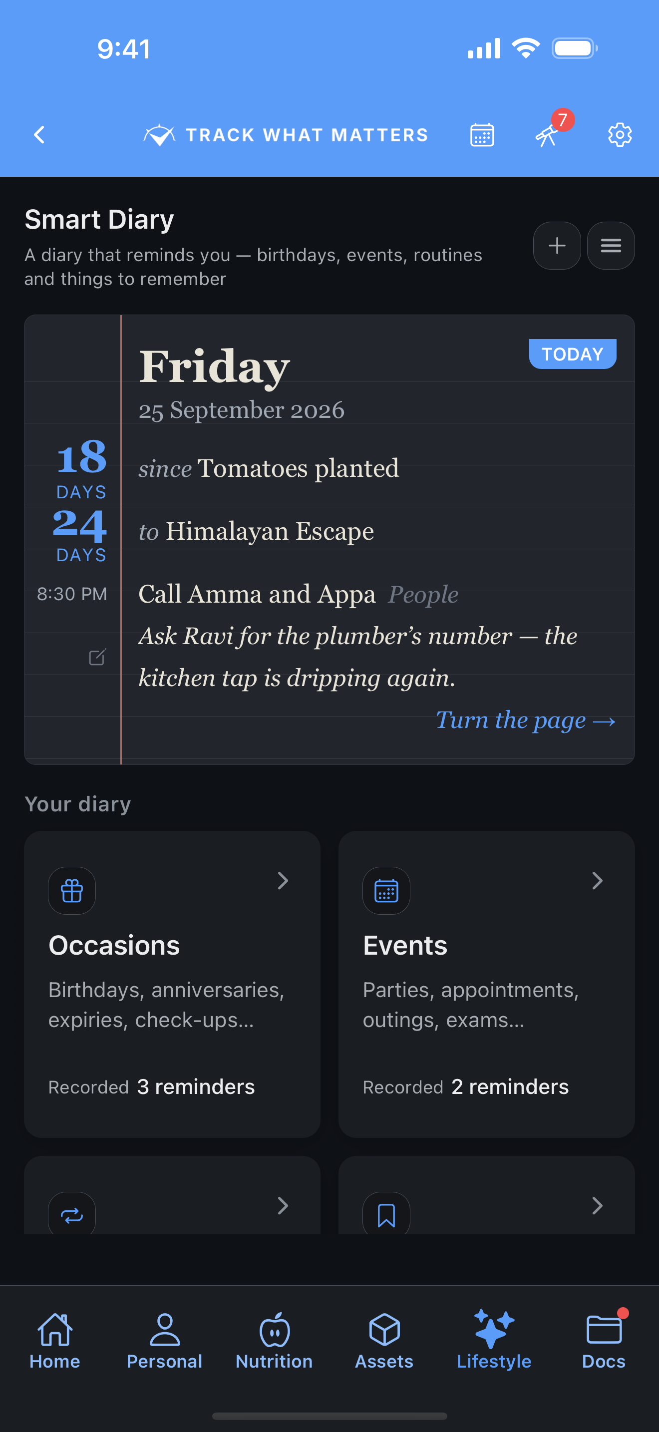 Today's page at a glance — birthdays, routines and countdowns