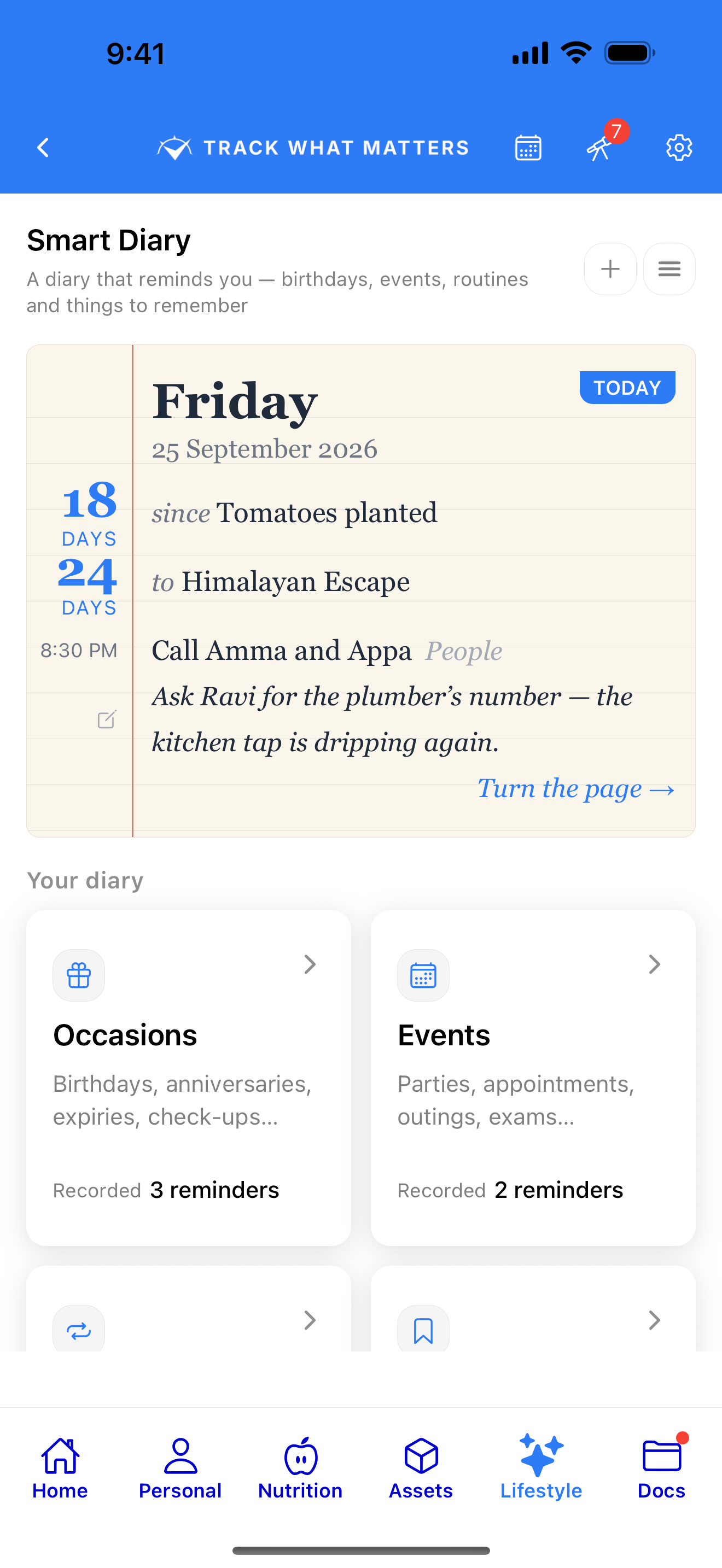 Today's page at a glance — birthdays, routines and countdowns