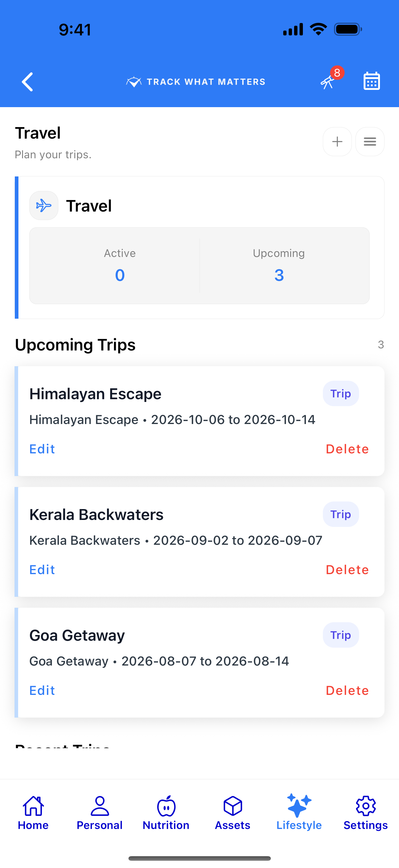 Upcoming trips and destinations